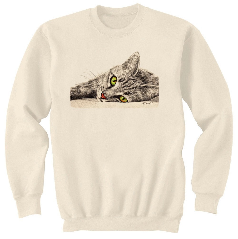 CLEARANCE SALE Tabby Cat - Green Eyed Lover - Art Sweatshirt Ultra Cotton Natural Size Medium Only