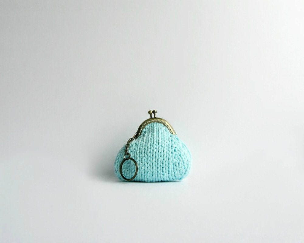 purse coin knit in robin egg blue cotton - with key chain