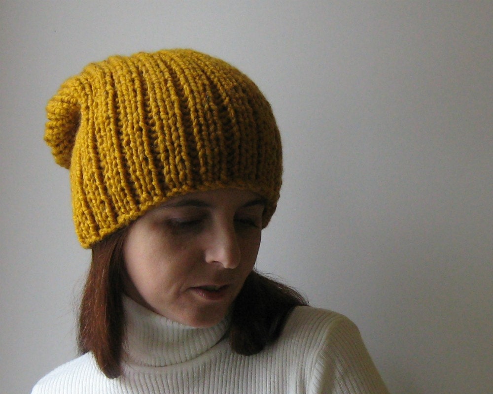 Puffy Hat Yellow Hand Knitted