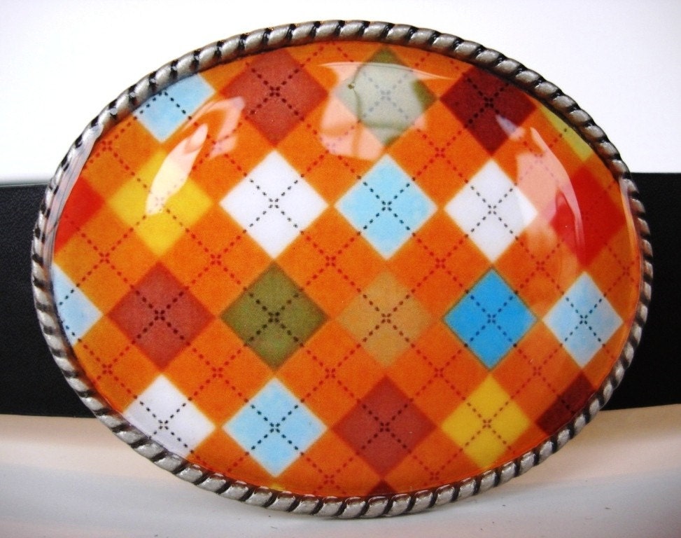 Jada Belt Buckle - Orange Argyle - Oval Wearable Art