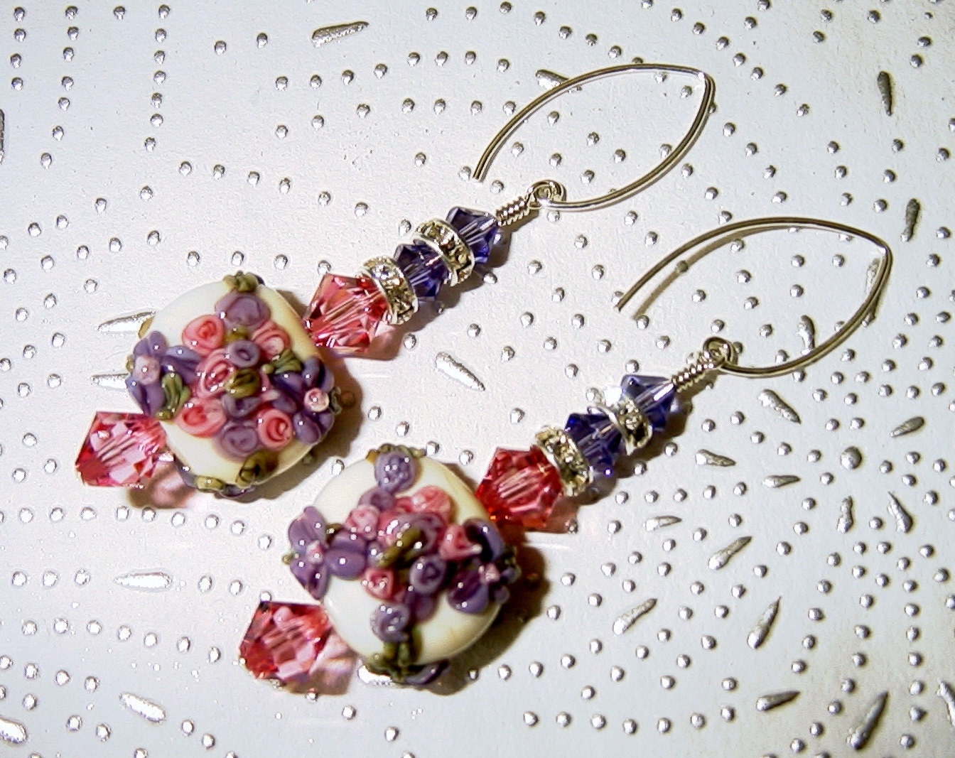 April Showers Bring May Flowers Lampwork, Swarovski Crystals and Sterling Silver Dangle Earrings