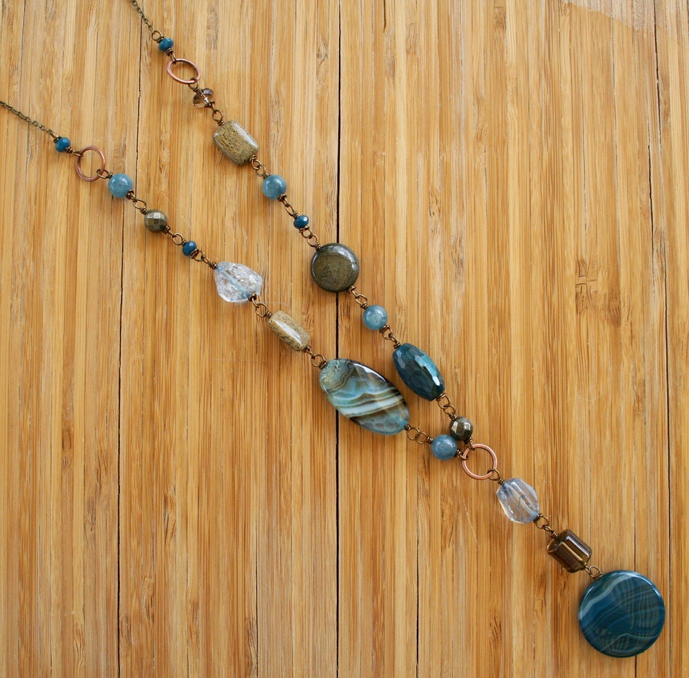 Fiorenza Necklace - Teal Agate, Golden Sheen Obsidian, Pale Blue Quartz, Smoky Quartz, Pyrite - Long, Bohemian Necklace