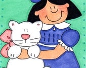 ACEO Original Illustration - Folk Art - Cute Whimsical - 2.5" X 3.5" - Kitty's Picture Day