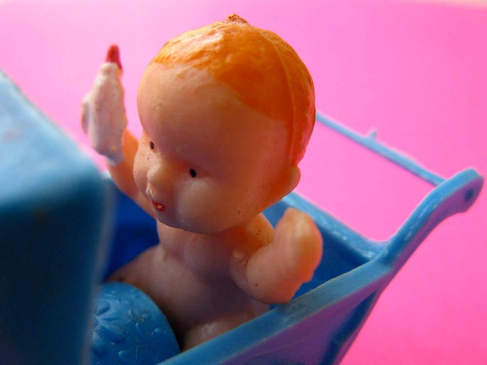 Vintage Baby in Blue Carriage Miniature Figurine, Dollhouse Doll, Baby Shower Party Favor, Cake Topper