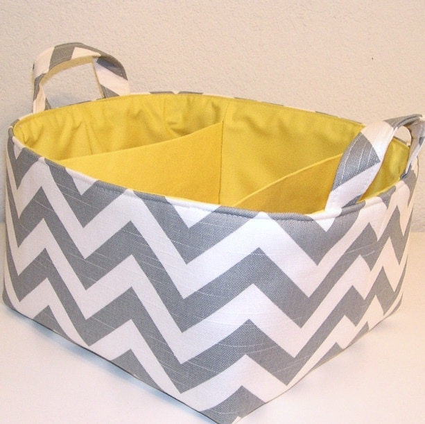 Diaper Caddy Chevron Gray White Slub Zig Zag Yellow Accent Fabric Organizer Bin Basket  Dividers