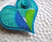 Embroidered Felt Heart Brooch - Clara Aqua and Blues Vintage Fabric Heart Brooch
