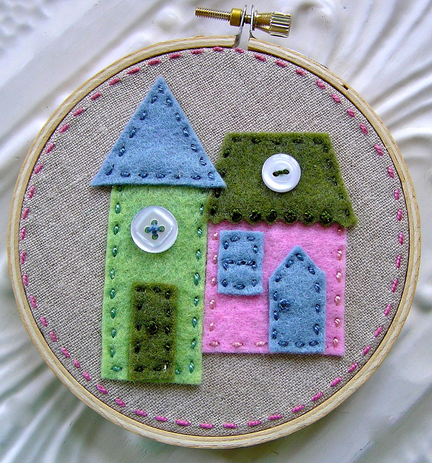 Embroidered Wall Art - Little Felt Houses in Greens Pink and Blue on Linen - No Place Like Home Series