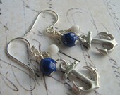 Anchor Earrings, Nautical Earrings, Beach Earrings: Navy and White Anchor Sterling Silver Earrings