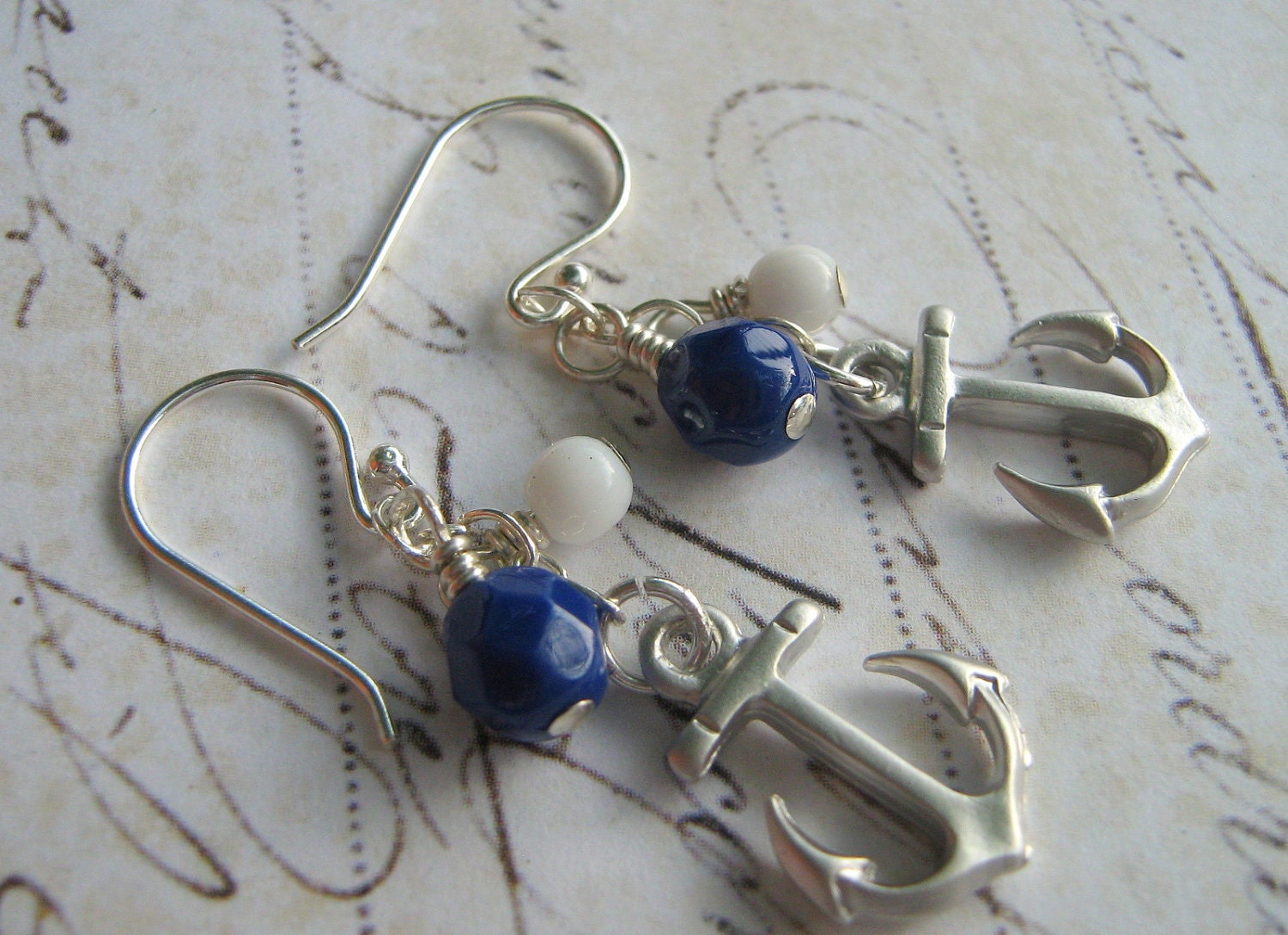 Anchor Earrings, Nautical Earrings, Beach Earrings: Navy and White Anchor Sterling Silver Earrings
