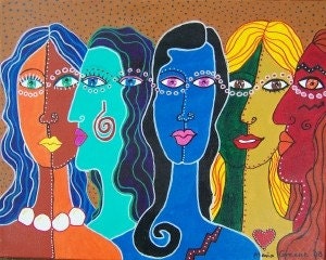 SISTERHOOD 7 fabulous colorful women original acrylic painting by Maria Greene tagt team, teamwwes