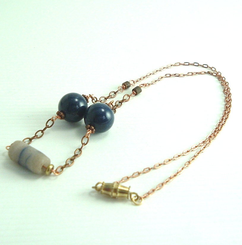 Handmade Wire Wrapped African Bead Necklace with Blue Jade, Copper and Brass and Bronze