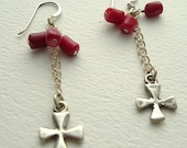Handmade Earrings Sterling Silver Cross and Coral