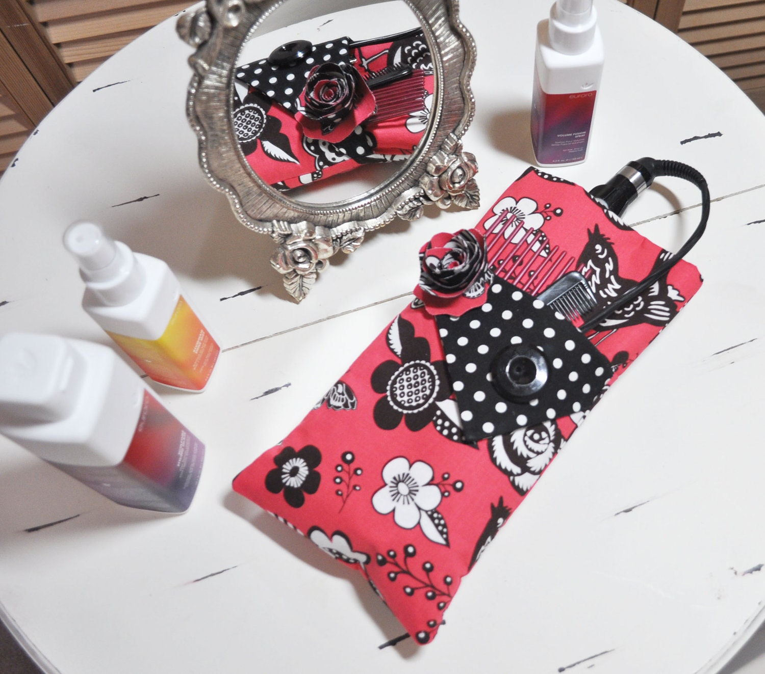 Fabric Flat or Curling Iron Travel Case with Fabric Hair Clip
