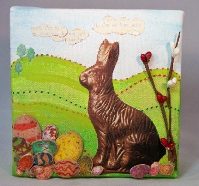 Easter chocolate rabbit and eggs, mixed media handpainted eggs, bunny
