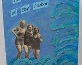 Mermaids bathing beauty women Vintage photo Water Waves Original mixed media, 5 by 7 inches