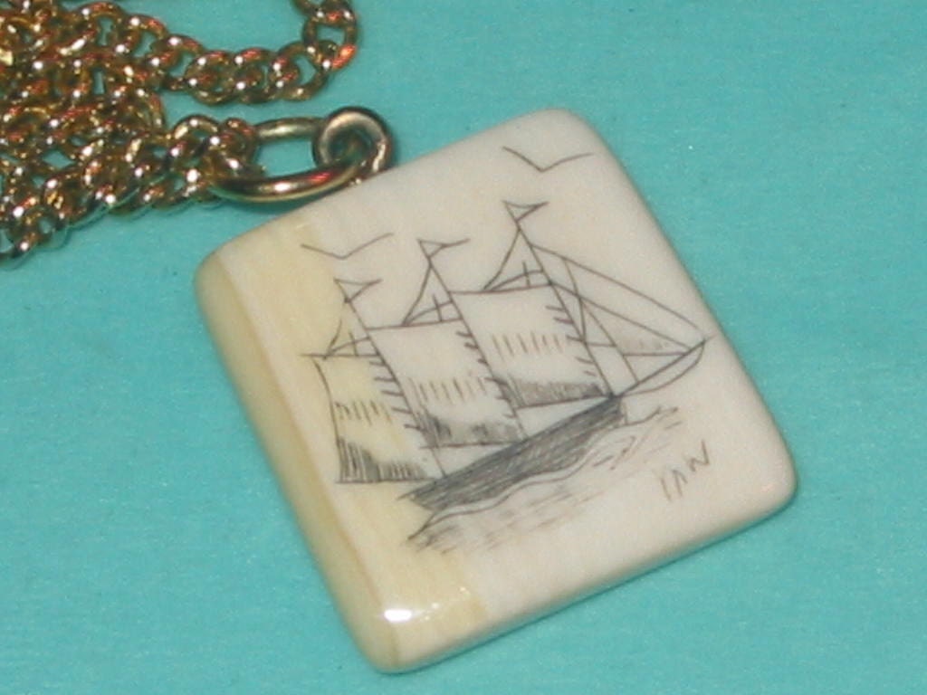 SALE....Vintage Ivory Bone Ship Scrimshaw Pendant Necklace