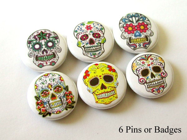 Day of the Dead Sugar Skulls 1" PINBACKS PINS BADGES Dia De Los Muertos