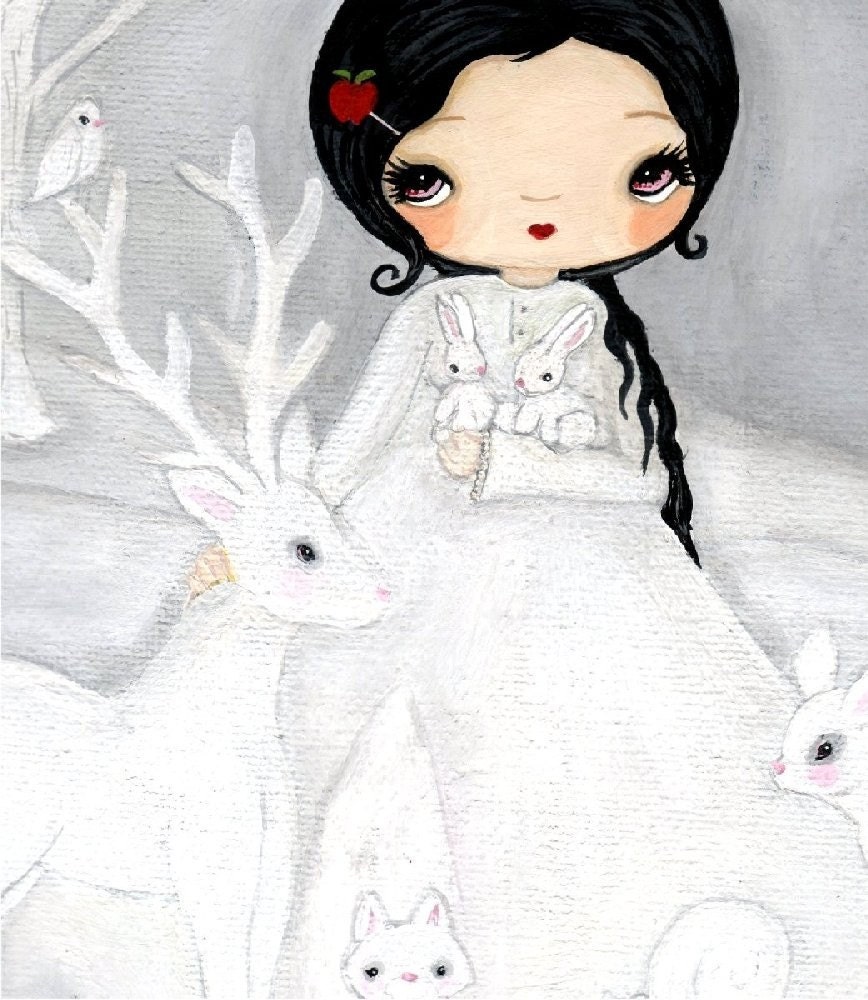 Snow White Art Fairy Tale Print Deer Owl Fox Squirrel Forest---White As Snow Print