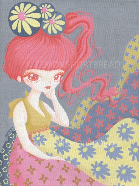 Art Print 4.5 x 6" Pop Surrealism Illustration, Archival Giclee, Floral Anime Flower Fashion Girl Grey Pink