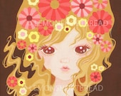 Illustration Art Print 4.5 x 6" Painting, Pop Surrealism Floral Flower Power Big-eyed Girl, Anime Shoujo