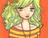 Original ACEO Art Retro 70s Girl in Stripes Fashion Pop Illustration