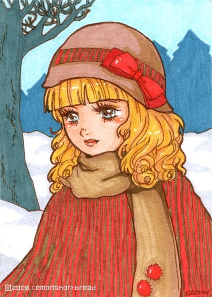 Original ACEO Art Winter Girl Lolita Shoujo Red Scarf Illustration