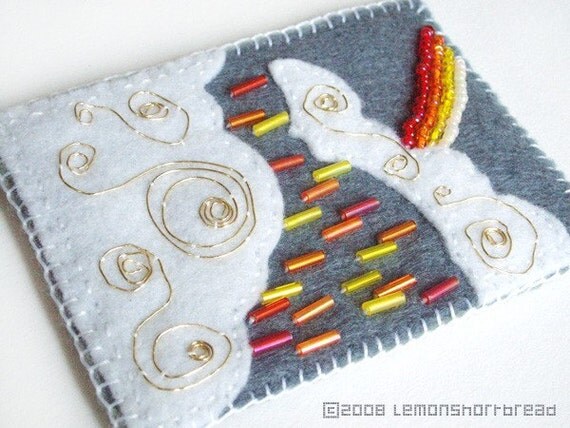 Original ACEO Clouds Rain Rainbow Art Handstitched Felt Quilt Applique Beaded