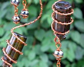 Suncatcher - Set of 2 Little Amber Spirit Bottles With Copper Wrapped Iridescent Black Glass Marble Prisms