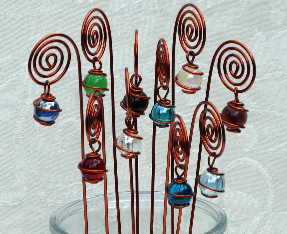 Spiral Table Number, Photo or Card Holders, Plant Picks, Set of 10 in Copper with Wire Wrapped Glass Marble Prisms