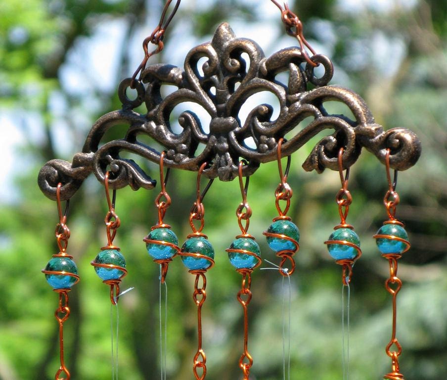 Windchime / Wind Chime with Recycled Aluminum and Copper Wire Wrapped Teal Glass Marble Prisms