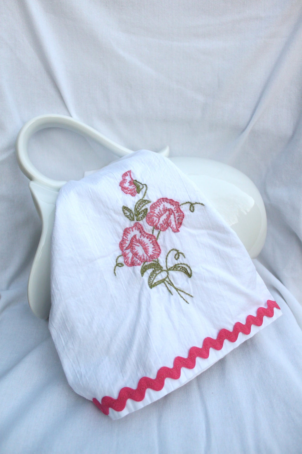 Pink Sweet Peas Hand Embroidered Tea Towel