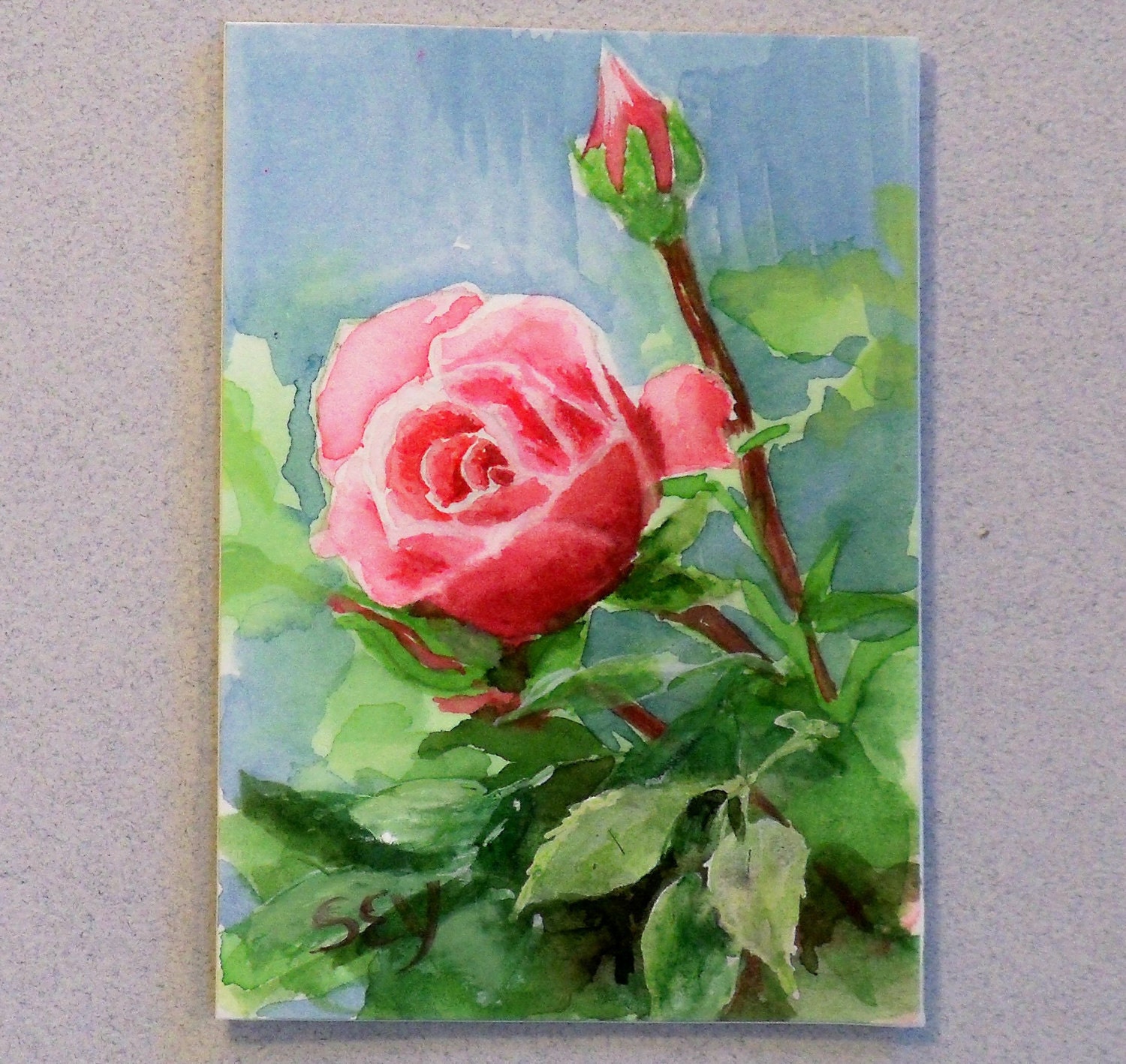 ACEO Original Paintings - Pink Rose- watercolor painting