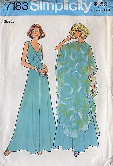 Vintage 70s Evening Dress Pattern - Simplicity 7183 - Raised Waist / V Neckline - Sheer Poncho - Size 18