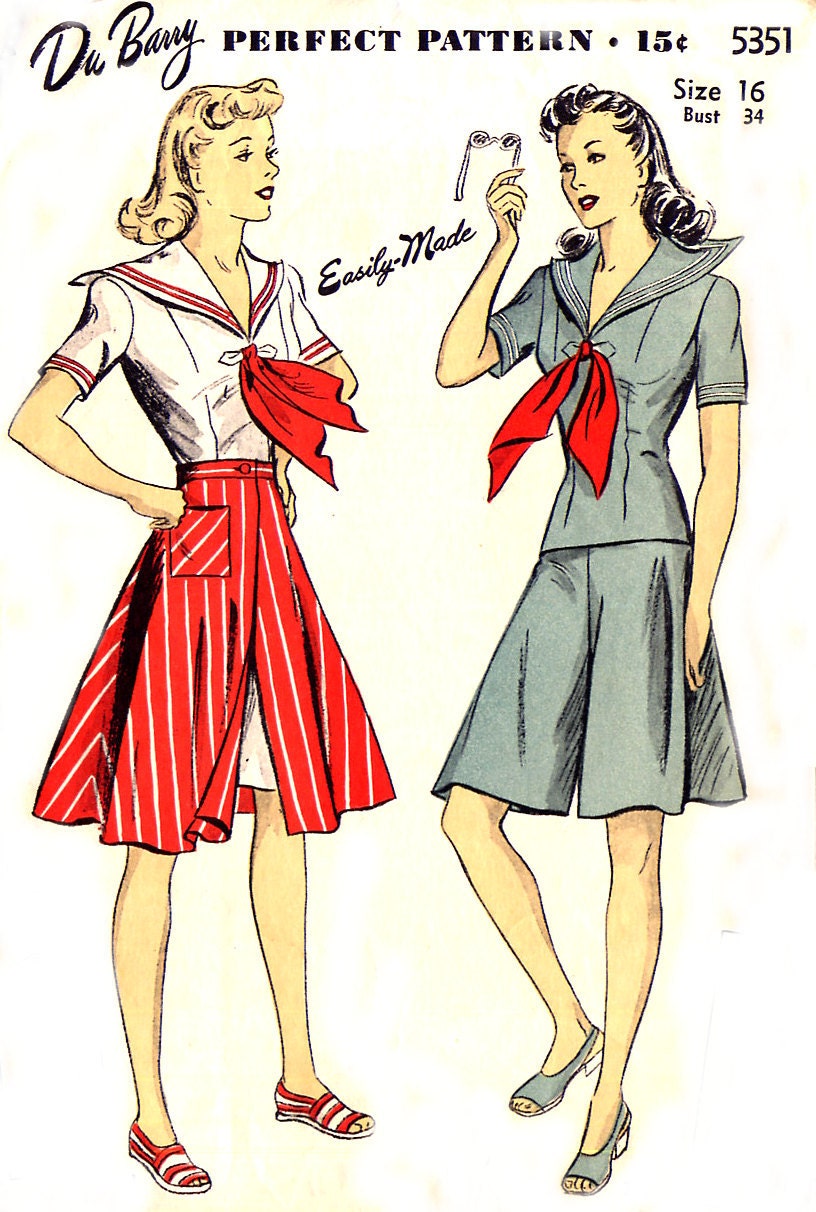 1940s DuBarry 5351 - Sailor Blouse, Culotte, Skirt Pattern - Size 16