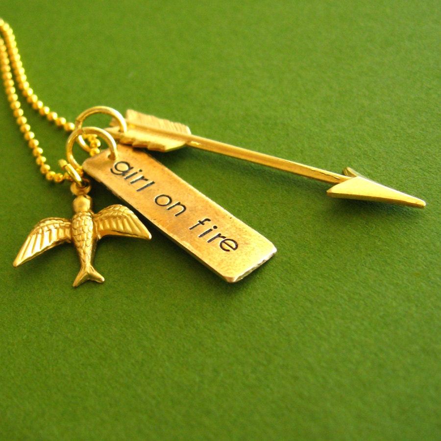 Hunger Games Necklace - Girl on Fire - Mockingjay and Arrow in brass and gold plated - Katniss Everdeen