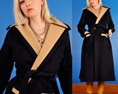 Harve Benard Vintage 70s Black and Tan Wool Wrap Coat/Jacket S Small/M Medium