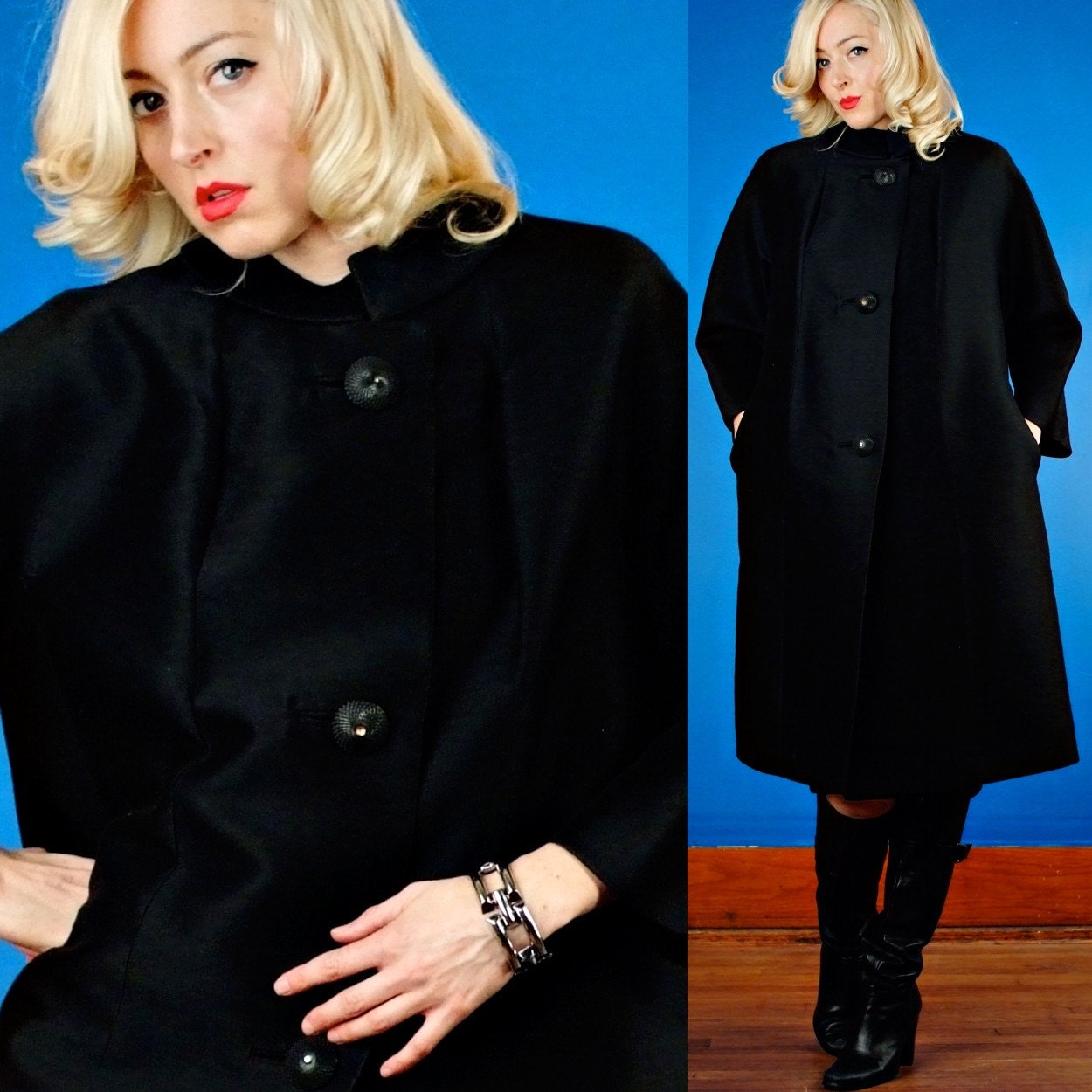 Black Silk and Wool Vintage 60s Shantung Seamed Trapeze Coat M Medium/L Large
