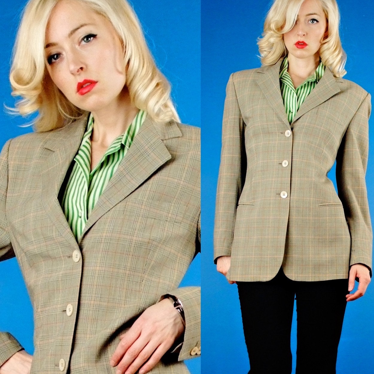 Piazza Sempione Vintage 90s Sage Green Plaid Boyfriend Blazer/Jacket M Medium/44