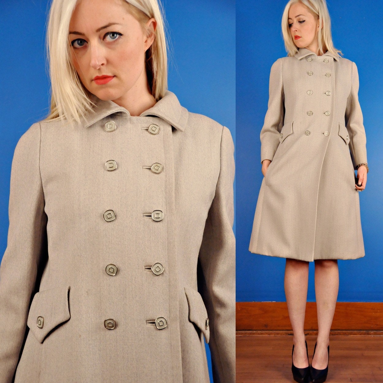 Originala Vintage 60s Mod Gray Wool Knit Coat/Jacket M Medium/L Large
