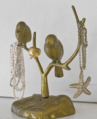 Antique bronze love birds sculpture and jewelry tree