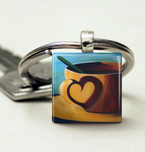 Key Chain Charm square glass blue cup coffee heart shadow mini print keys car house home - ninaswindow