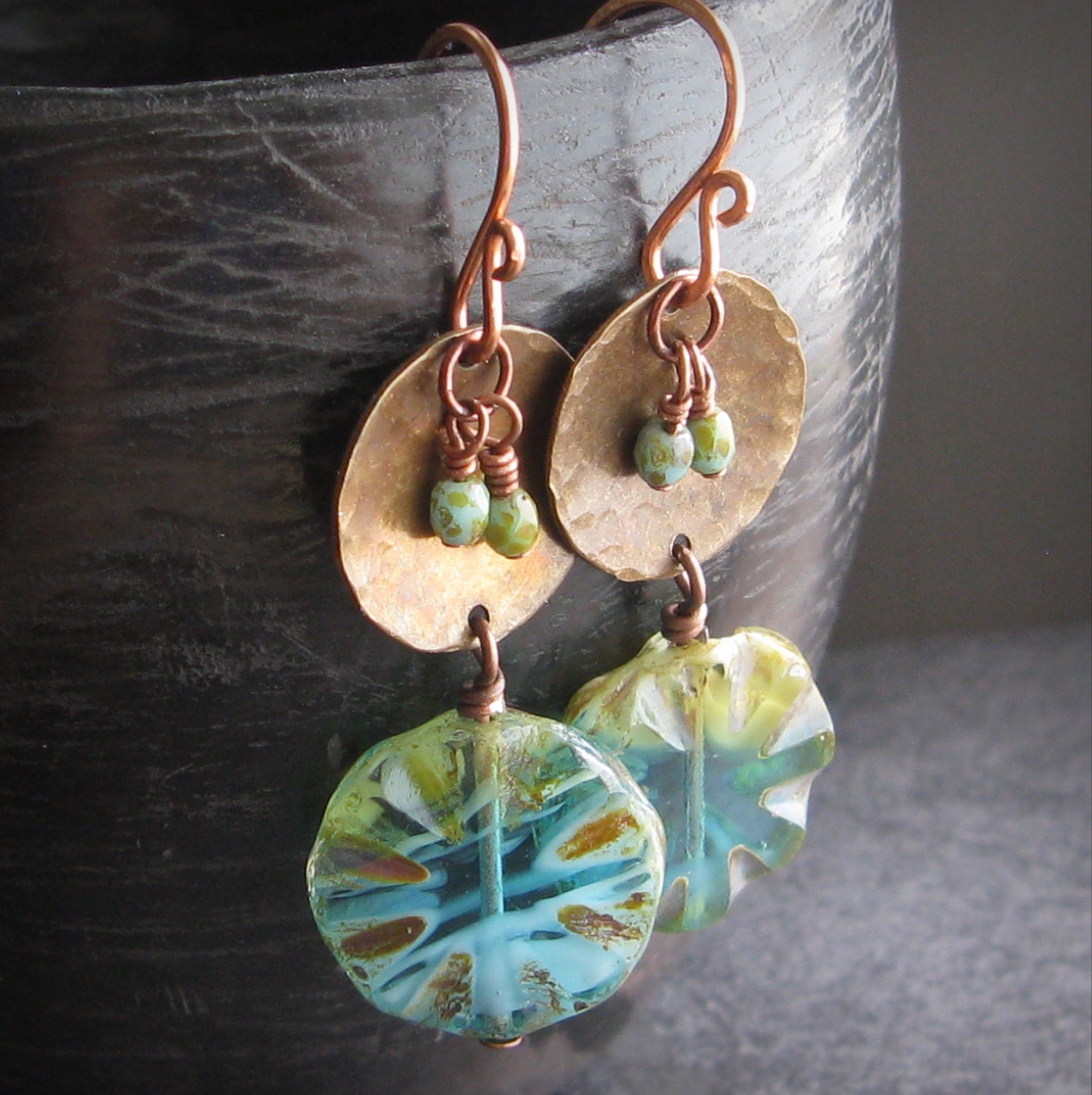 Rustic mixed metal earrings brass copper earrings altered distressed metals - Windows with a View