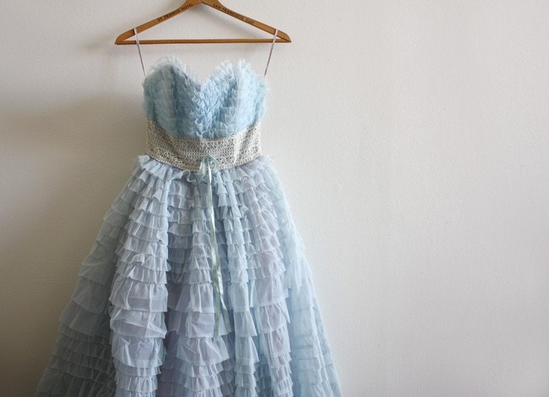 HOLIDAY SALE 50s vintage blue ruffled strapless chiffon party dress