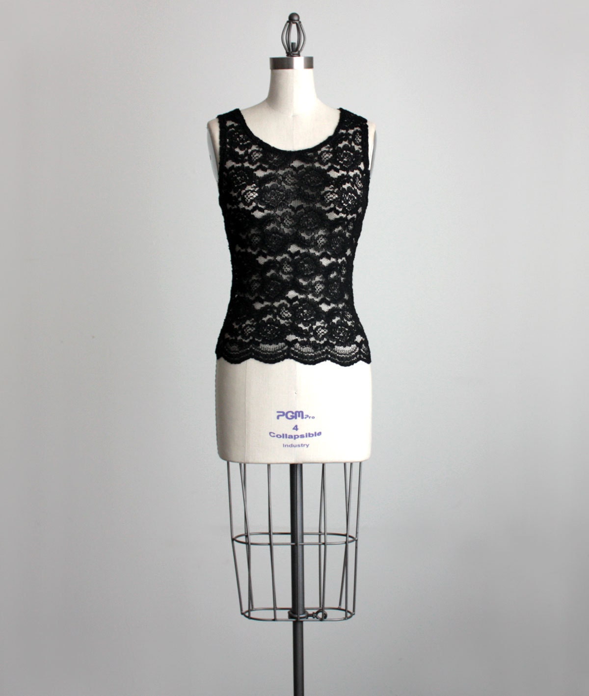 BLACK LACE Tank 1990s Vintage Black Floral Lace Sheer Sleeveless Blouse