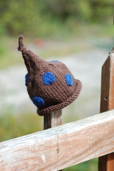 Hat for Baby, Chocolate Brown Knome Hat , Hickory Brown with Blue Polka Dot Pixie, Stocking Cap, Photo Prop Infant Baby Hat