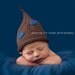 Hat for Baby, Chocolate Brown Knome Hat , Hickory Brown with Blue Polka Dot Pixie, Stocking Cap, Photo Prop Infant Baby Hat