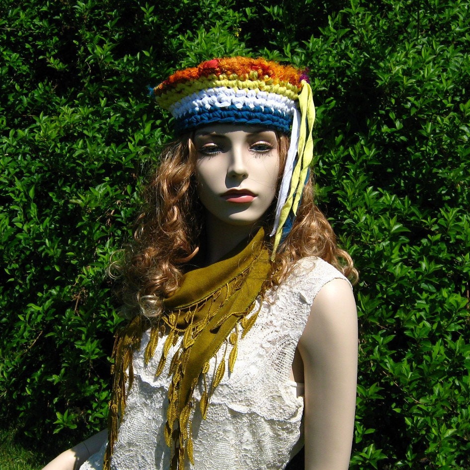 Crocheted hat of Cotton Tarn and silk sari ribbon
