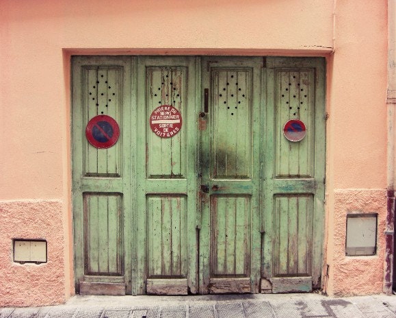 Coral pink mint green decor wall art - wooden doors photography Provence France travel photography 8x10 - Celadon Doors