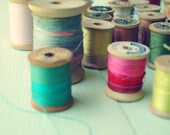 Retro Photography, wooden spools, Vintage, still life, crafting, sewing, rainbow, colors, colorful, craft room decor, 8x8