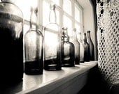 Black and White photography - Vintage glass bottles crochet lace grey antique for him still life photography 8x10